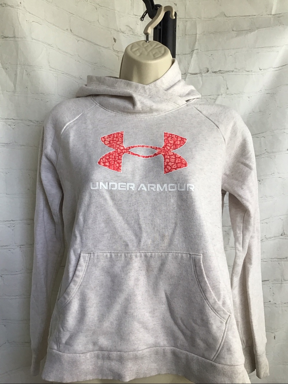 Under Armour Heather Light Gray Hoodie with Coral Logo